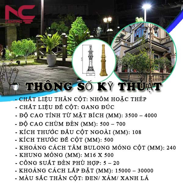 Thông số kỹ thuật cột đèn sân vườn, cột đèn sân vườn đúc